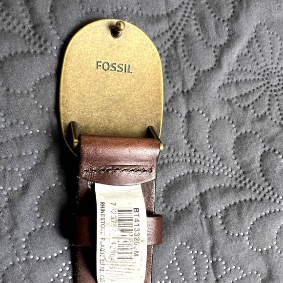 Fossil Vintage Bejeweled Brass Buckle Genuine Leather Belt Western Glam SZ M:NWT - Picture 5 of 9